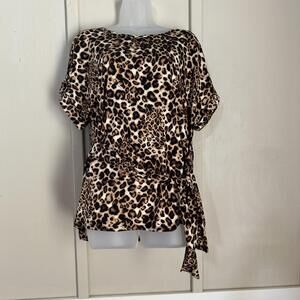 ECLA Blouse Womens Large Brown Animal Print Short Dolman Sleeve Tie Tunic Top